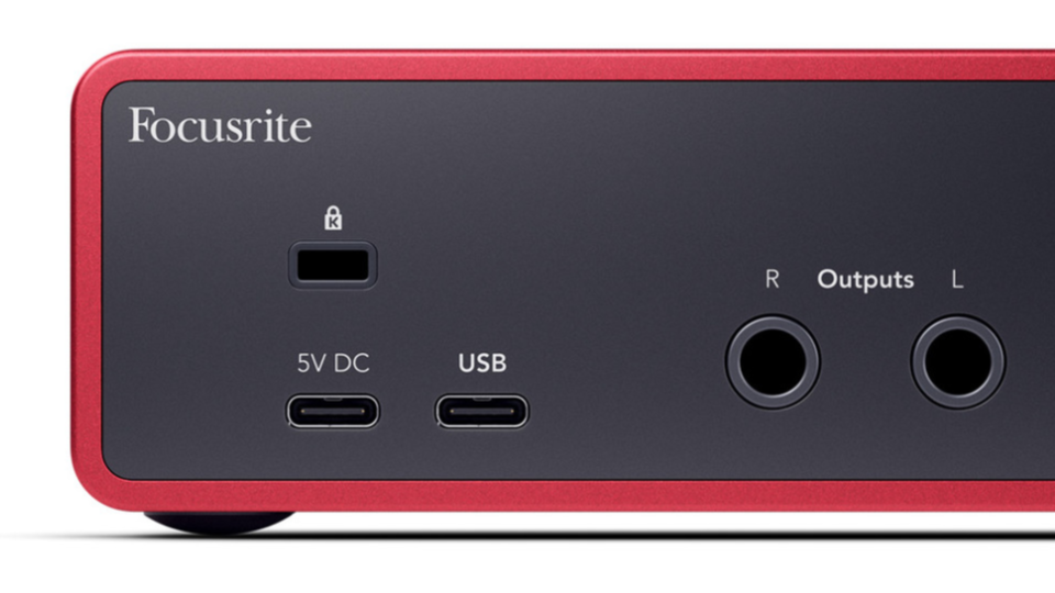 Close-up of the Scarlett 2i2 4th Gen's rear panel featuring the USB-C and Power ports.