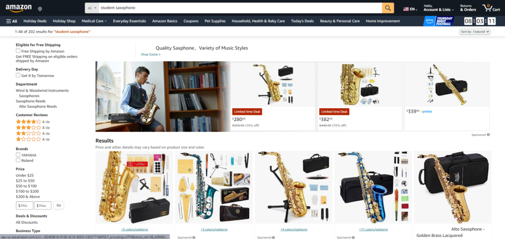 Amazon search results page for student saxophones