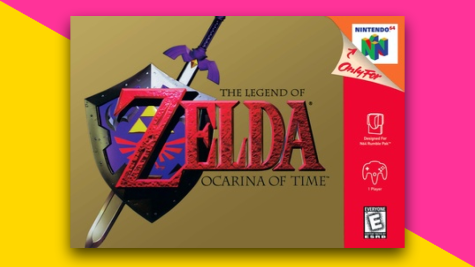 Box art for The Legend of Zelda: Ocarina of Time against a pink and yellow background